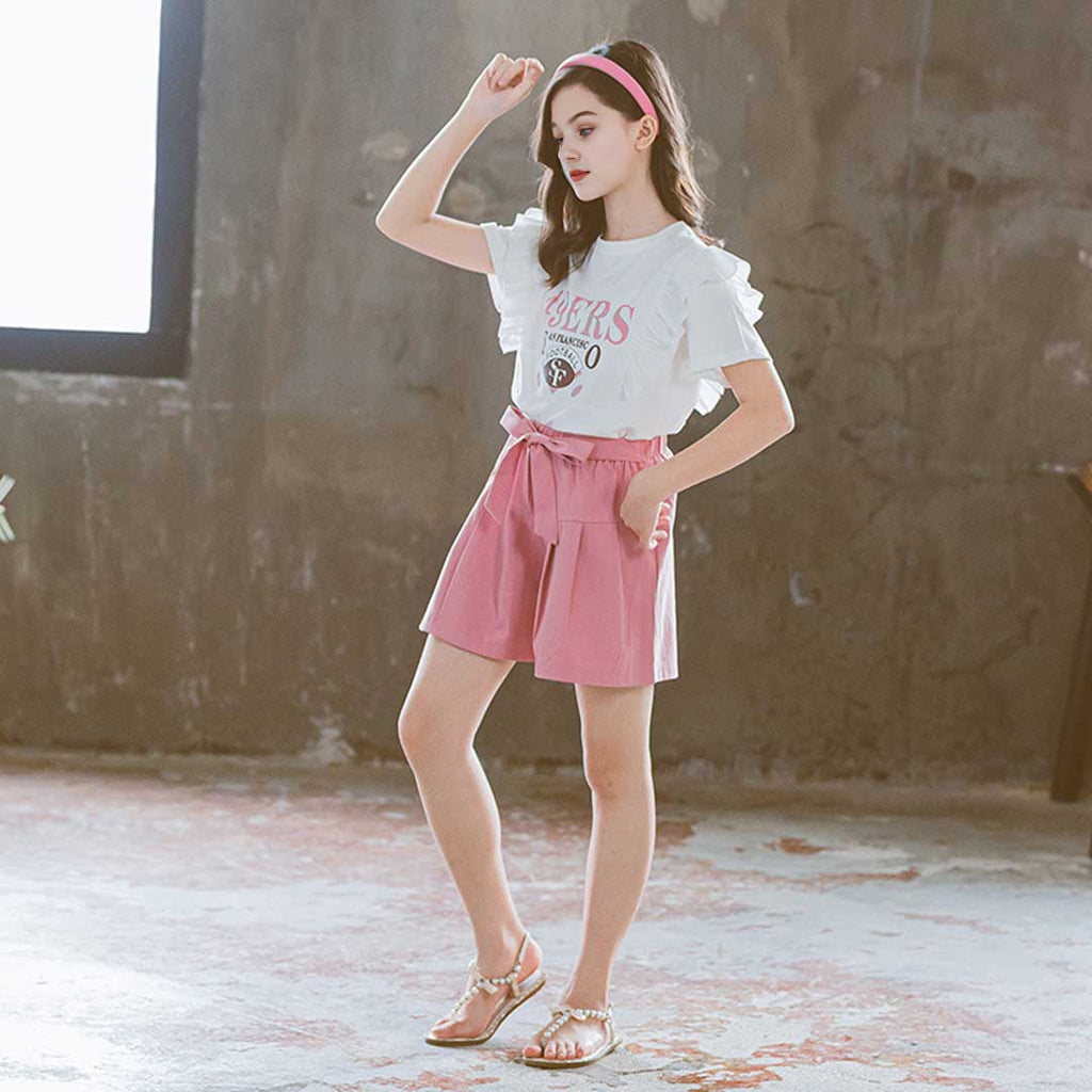 Girls Short Sleeve Printed T-Shirt With Pleated Shorts Set 2 pc. Sets White 3-4 Y 