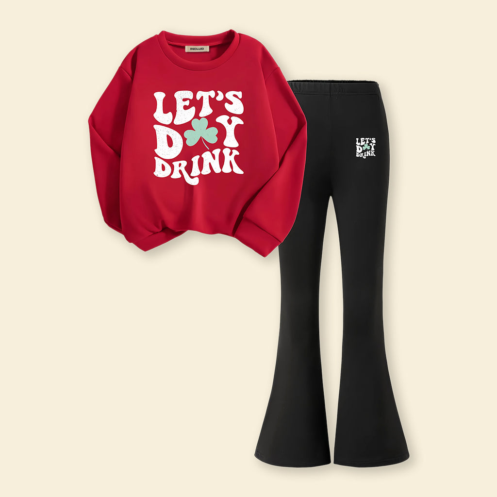 Girls Red Typographic Printed Sweatshirt With Flared Pants Sets 2 pc. Sets Red 7-8 Y
