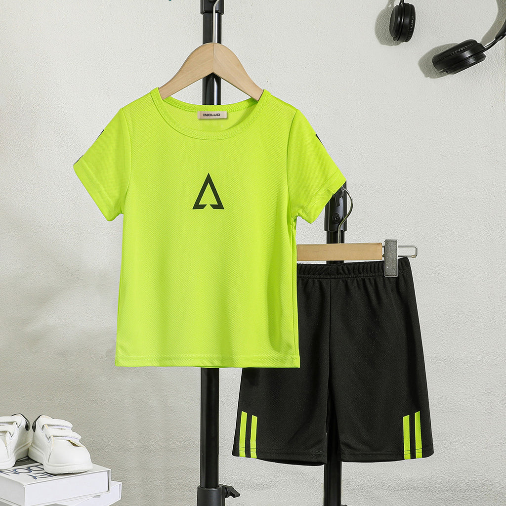 Boys Neon Green Graphic Printed Short Sleeves T-Shirt With Shorts Set 2 pc. Sets Lime Green 3-4 Y