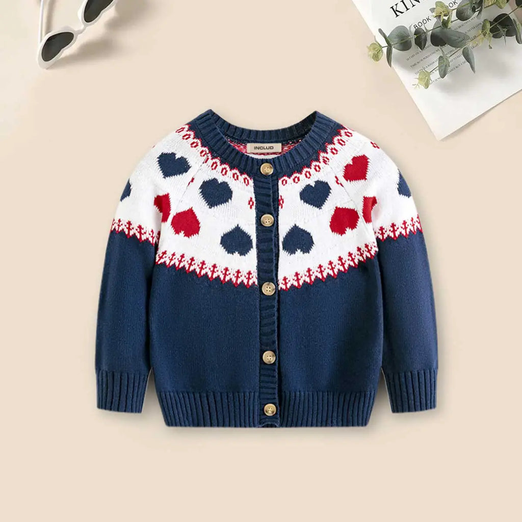 Girls Navy Blue Cardigan With Self-Design Heart Patterns Sweaters & Cardigans Navy Blue 2-3 Y
