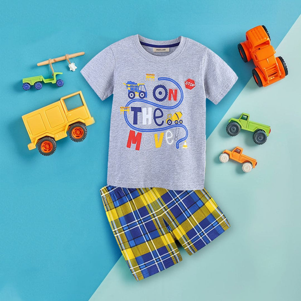 Boys Printed T-Shirt With Checkered Shorts Set Sets Grey 1-2 Y 