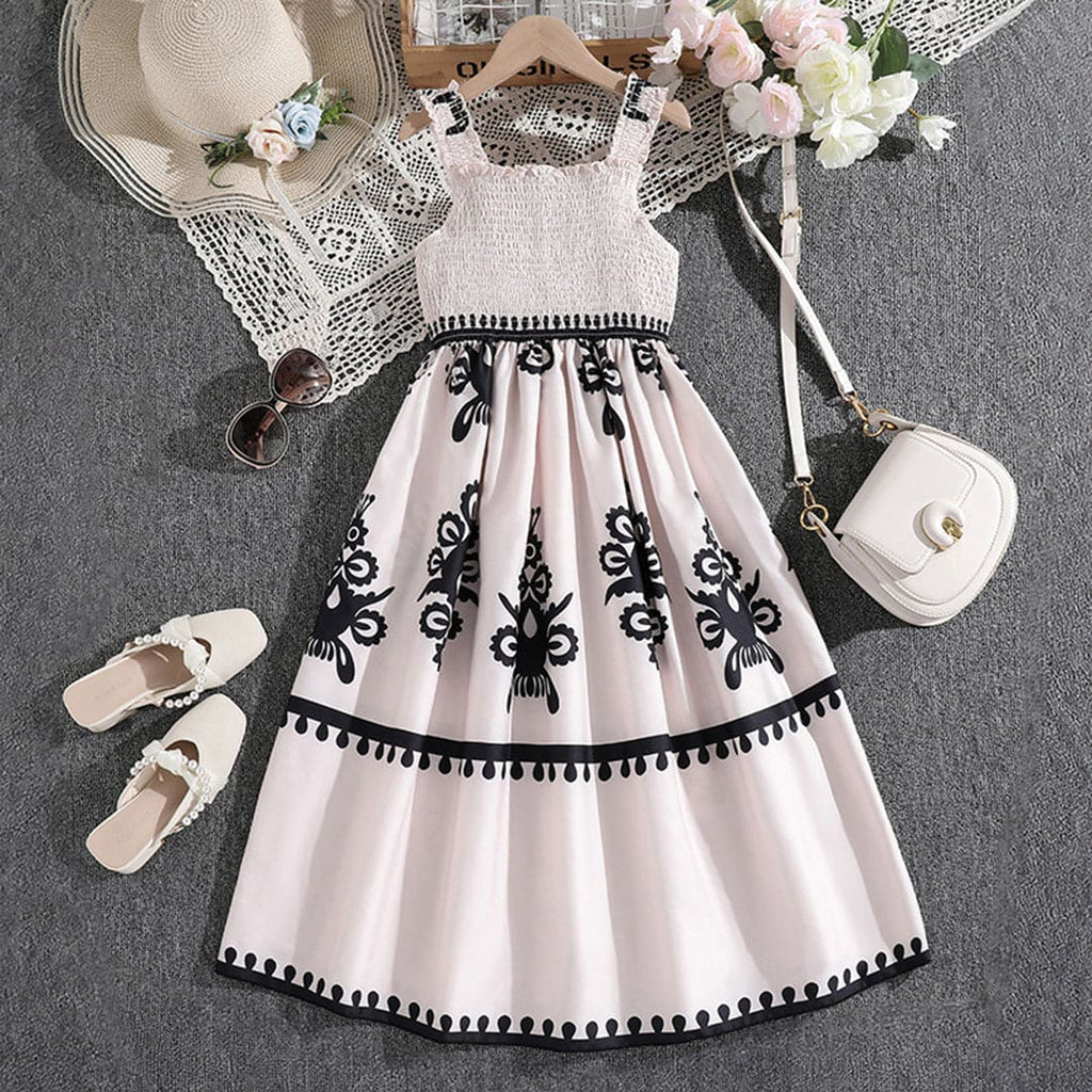 Girls Sleeveless Printed Elasticated Fit & Flare Dress Casual Dresses Off White 7-8 Y 