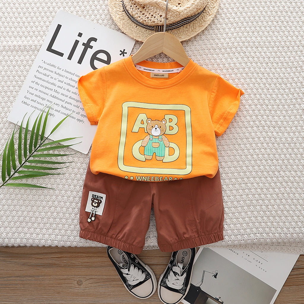 Boys Orange Teddy Print Short Sleeve T-Shirt With Elasticated Shorts Set 2 pc. Sets Orange 1-2 Y