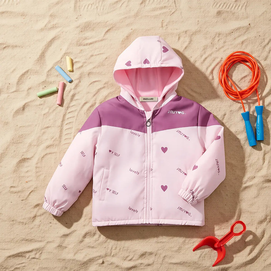 Girls Pink Typographic Printed Reversible Hooded Zipper Jacket Coats & Jackets Pink 3-4 Y