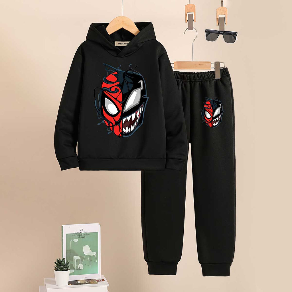 Boys Black Spider-Man and Venom Theme Printed Hooded Sweatshirt With Jogger Co-Ord Sets 2 pc. Sets Black 7-8 Y