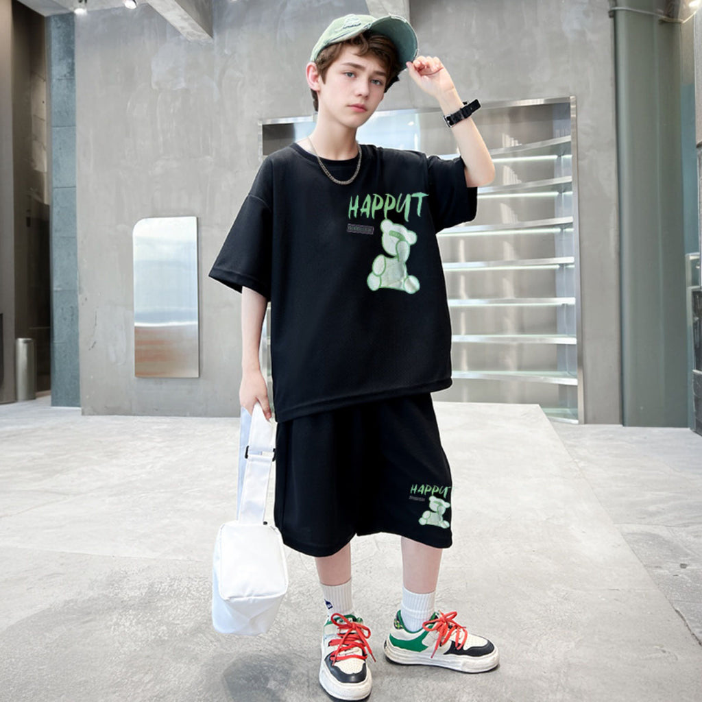 Boys Black Teddy Bear Printed Summer Oversized T-shirt With Bermuda Set 2 pc. Sets Black 5-6 Y