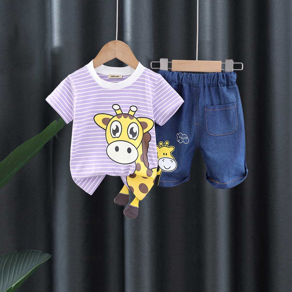 Boys Striped Giraffe Print T-shirt with Denim Shorts Set Sets Purple 1-2 Y 