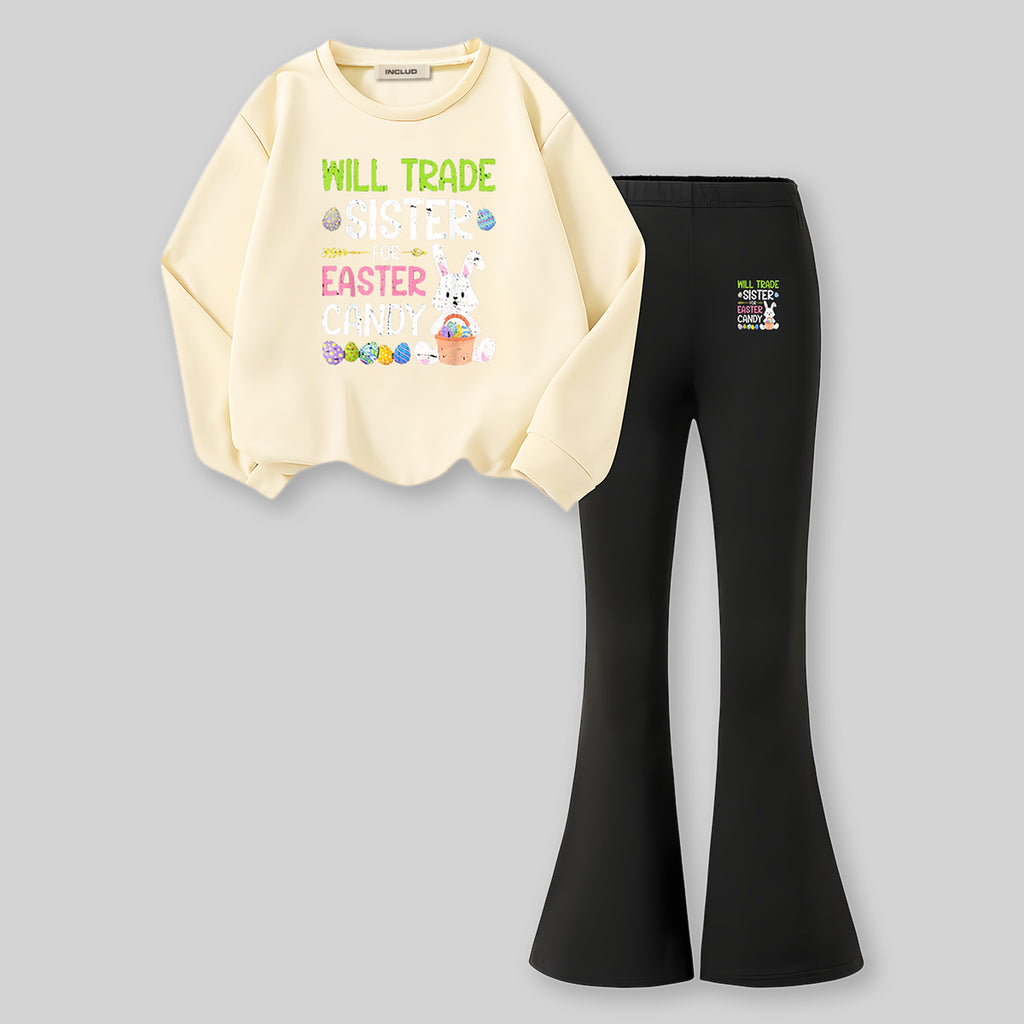 Girls Apricot Printed Long Sleeve Sweatshirt With Pants Sets 2 pc. Sets Apricot 7-8 Y