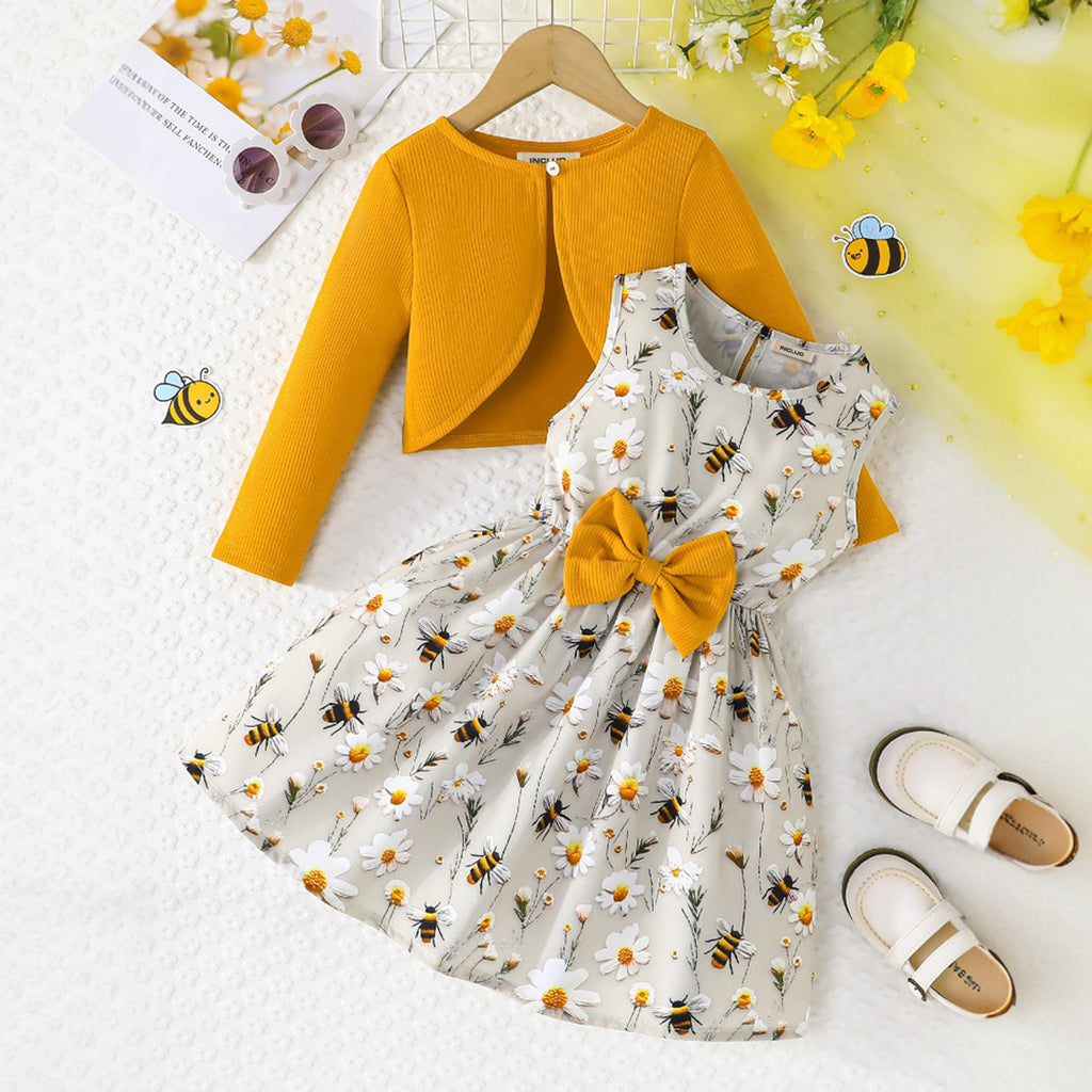 Girls Yellow Long Sleeves Shrug With Floral Printed Fit & Flare Winter Casual Dress Casual Dresses Yellow 3-4 Y