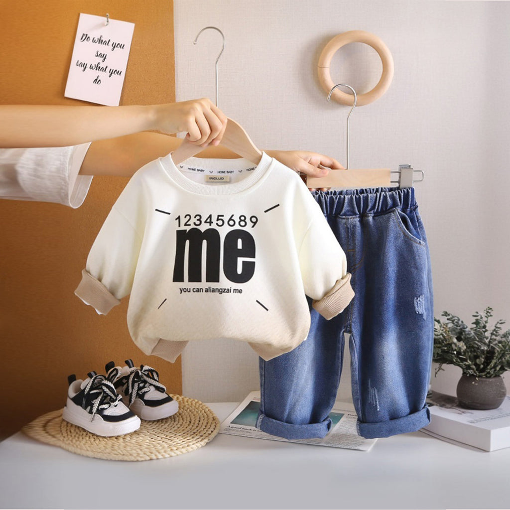 Boys Khaki Typographic Printed Sweatshirt With Denim Trousers Sets 2 pc. Sets
