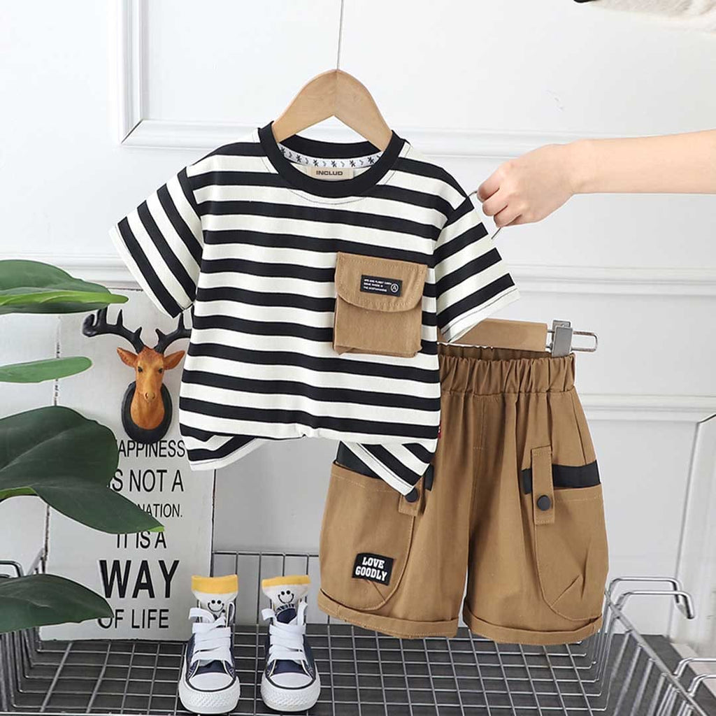 Boys Striped Flap Pocket T-Shirt With Shorts Set 2 pc. Sets Brown 1-2 Y 
