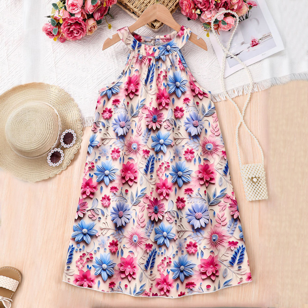 Girls Multicolor Tropical Printed Halter Neck Sleeveless A-Line Dress Casual Dresses Multicolor 3-4 Y