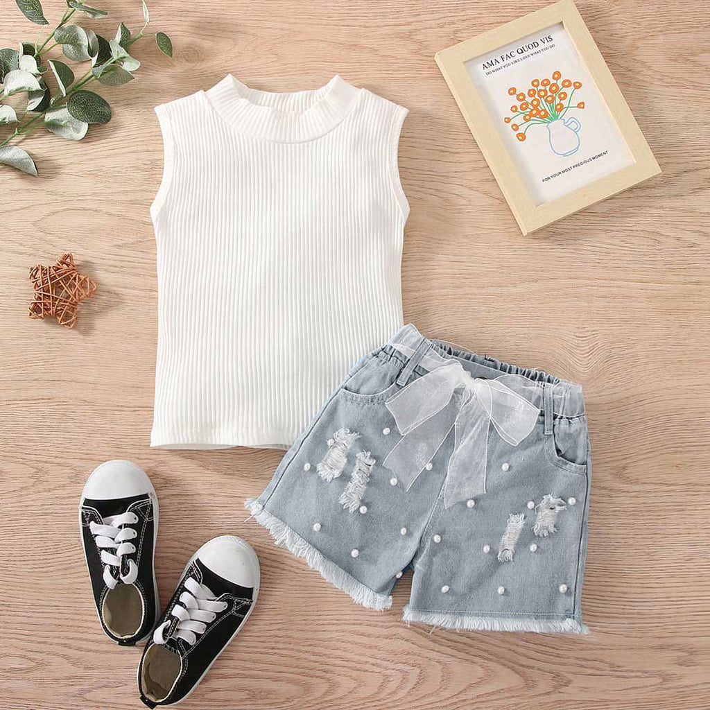 Girls Sleeveless Ribbed Knit Top With Beaded Denim Shorts Set Sets White 1-2 Y