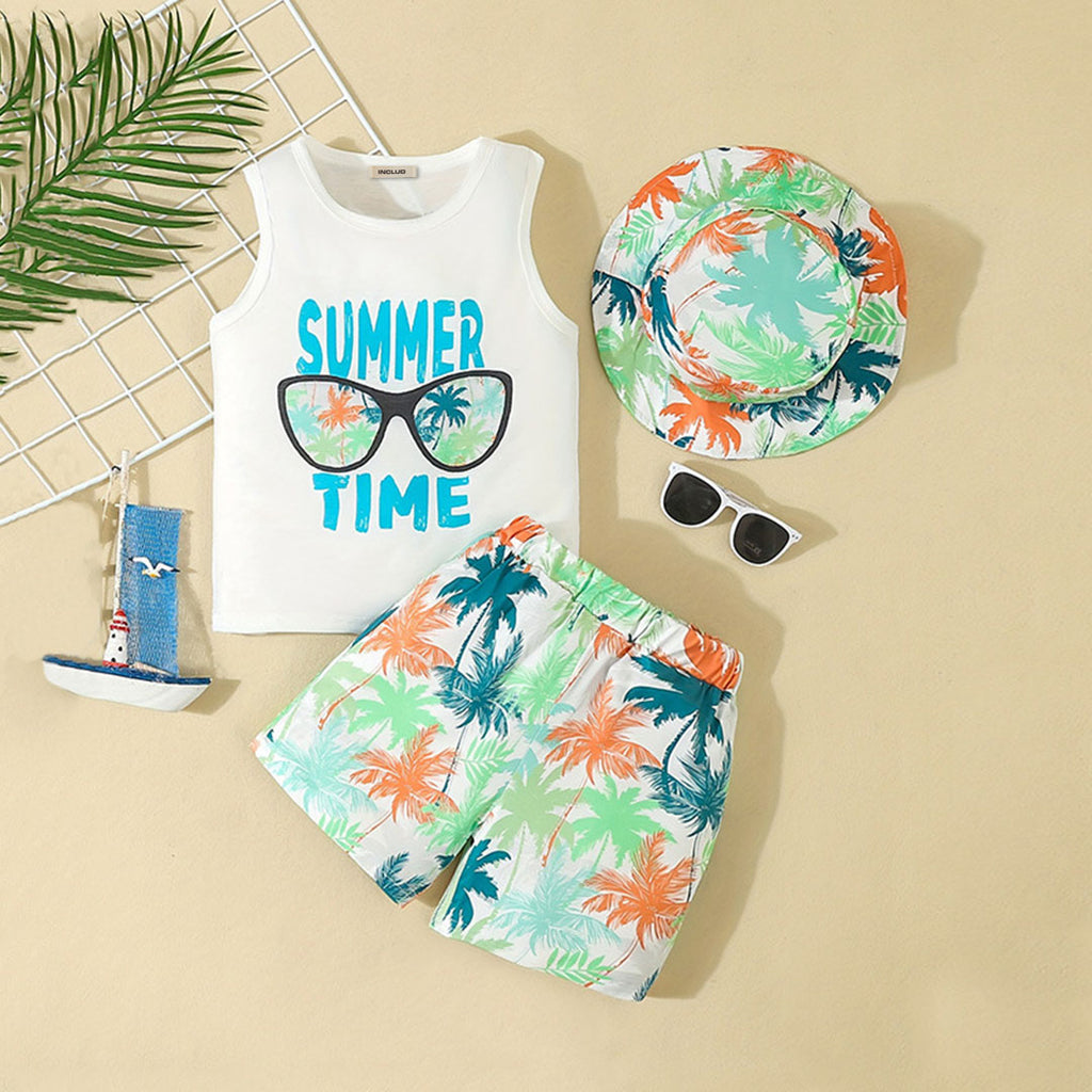 Boys White Tropical Printed Sleeveless T-Shirt With Shorts Set 2 pc. Sets White 1-2 Y