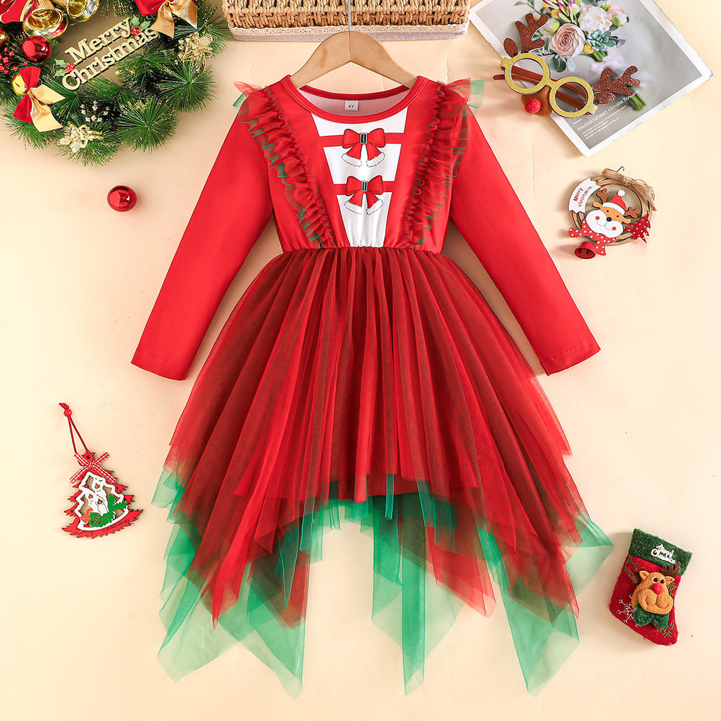 Girls Red Bow Printed Christmas-themed Fit & Flare Dress Casual Dresses Red 2-3 Y