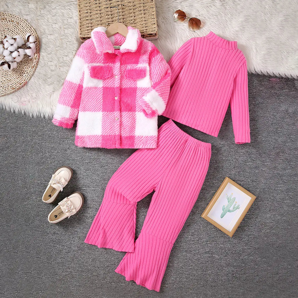 Girls Pink Checked Shacket With T-Shirt & Flared Pants Sets Sets Pink 3-4 Y