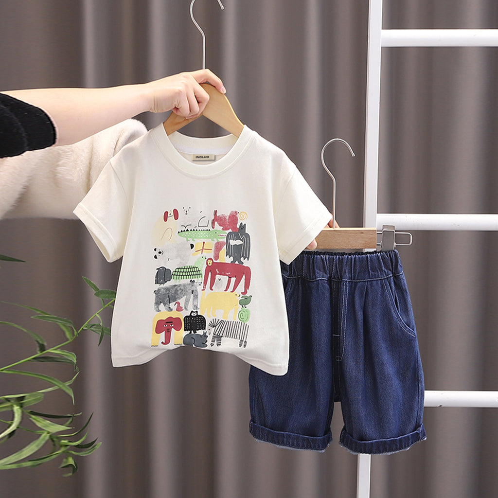 Boys Animals Graphic Off White T-Shirt With Denim Shorts Set 2 pc. Sets