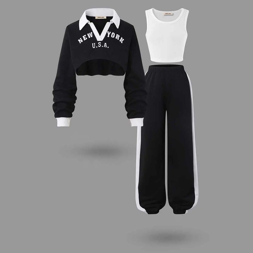 Girls Black Typographic Printed Long Sleeves Crop Top With Cami Top & Jogger Sets Sets Black 7-8 Y
