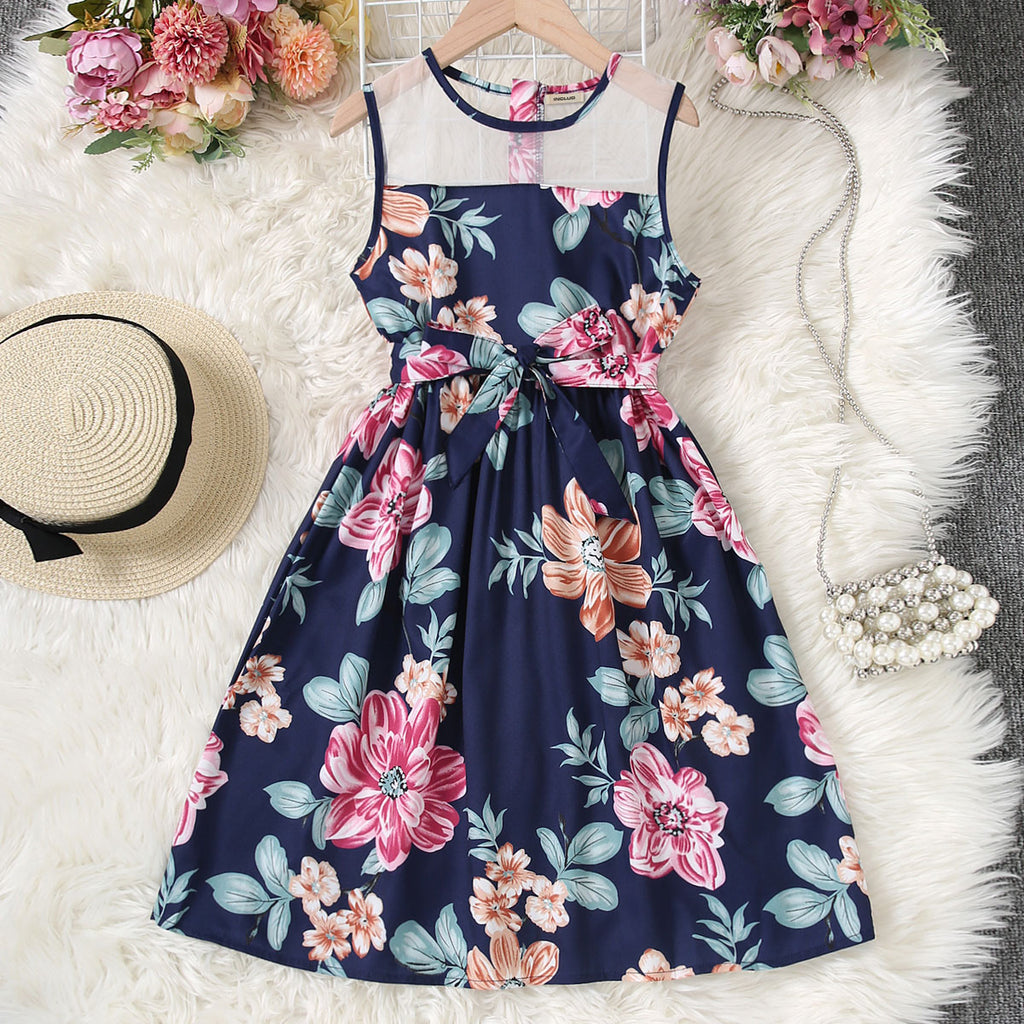 Girls Blue Floral Printed Sleeveless Net Yoke Dress Casual Dresses Blue 7-8 Y