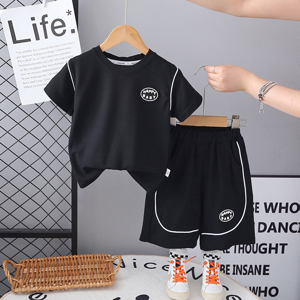 Boys Black Solid Short Sleeves Contrast Piping T-Shirt With Shorts Set 2 pc. Sets