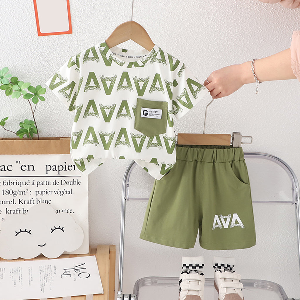 Boys Green Printed Short Sleeves T-Shirt With Contrast Patch Pocket And Shorts Set 2 pc. Sets