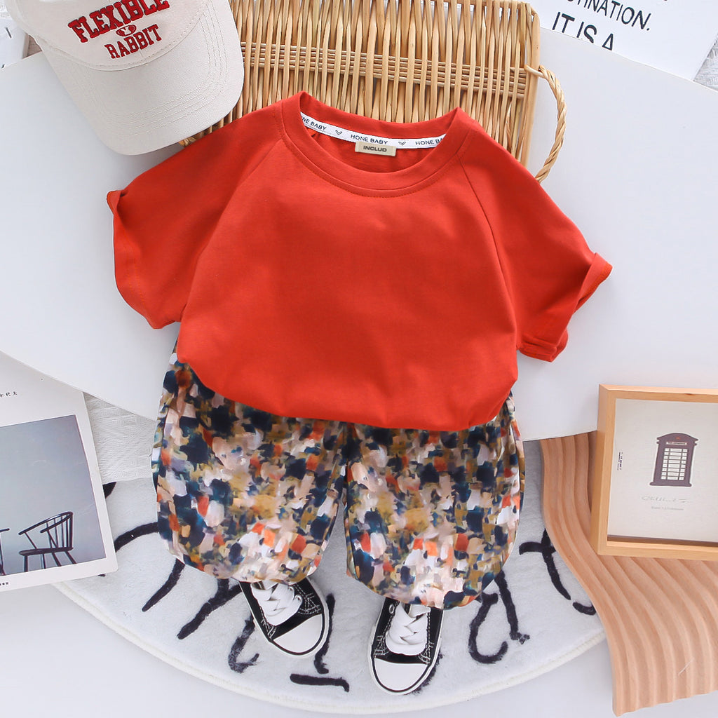 Boys Orange Raglan Sleeves T-Shirt With Abstract Printed Shorts Set 2 pc. Sets Orange 1-2 Y