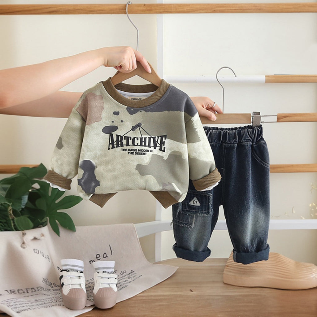 Boys Brown Abstract Sweatshirt With Denim Trousers Sets 2 pc. Sets Brown 1-2 Y