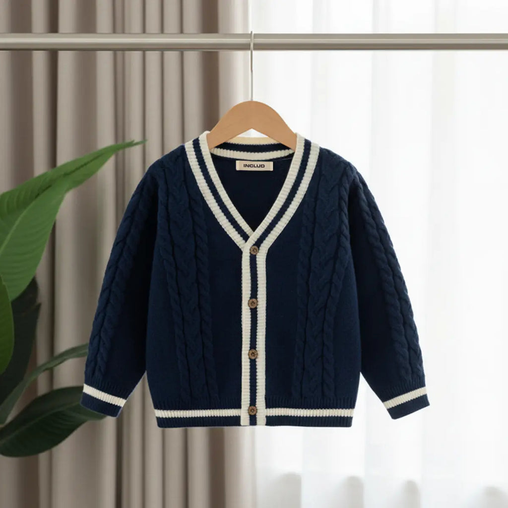 Girls Navy Blue Self-Design Knitted Cardigan Sweaters & Cardigans Navy Blue 1-2 Y