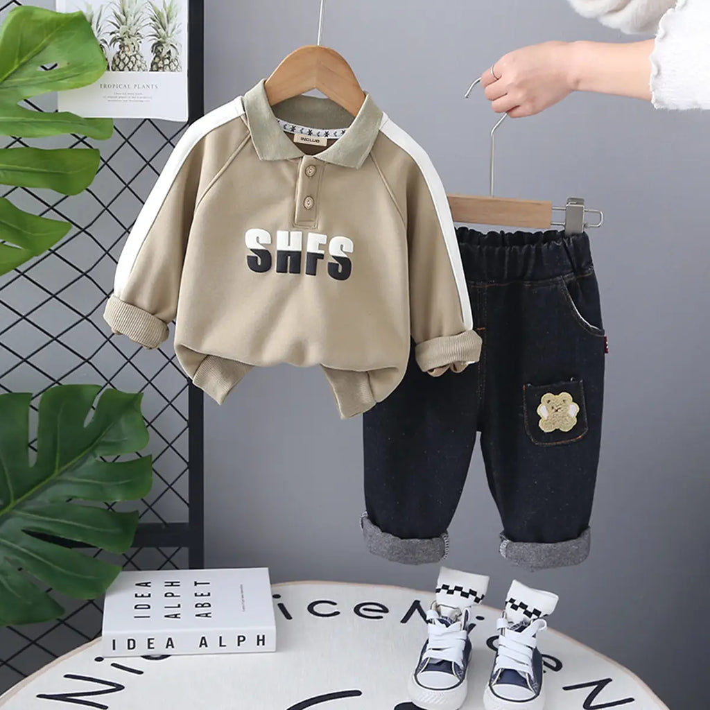Boys Khaki Letters Printed Polo SweatShirt With Denim Pants Set Sets Khaki 1-2 Y