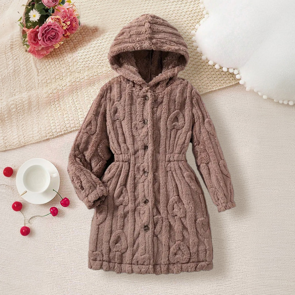 Girls Brown Self-Design Hooded Front Open Winter Coat Coats & Jackets Brown 7-8 Y