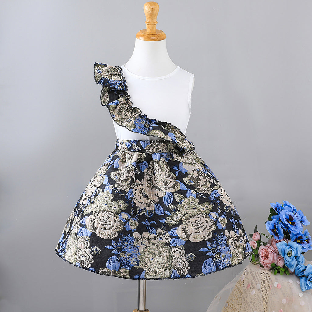 Girls Multicolor Sleeveless Floral Print Ruffle Dress Casual Dresses Multicolor 3-4 Y