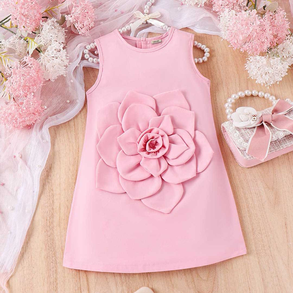 Girls Sleeveless Flower Applique A-Line Dress Casual Dresses Pink 4-5 Y 
