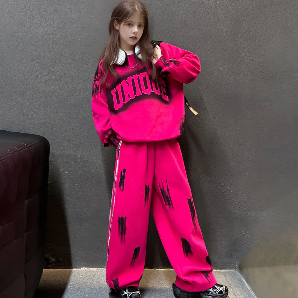 Girls Pink Typographic Printed Sweatshirt With Wide Leg Pant Sets Sets Pink 5-6 Y