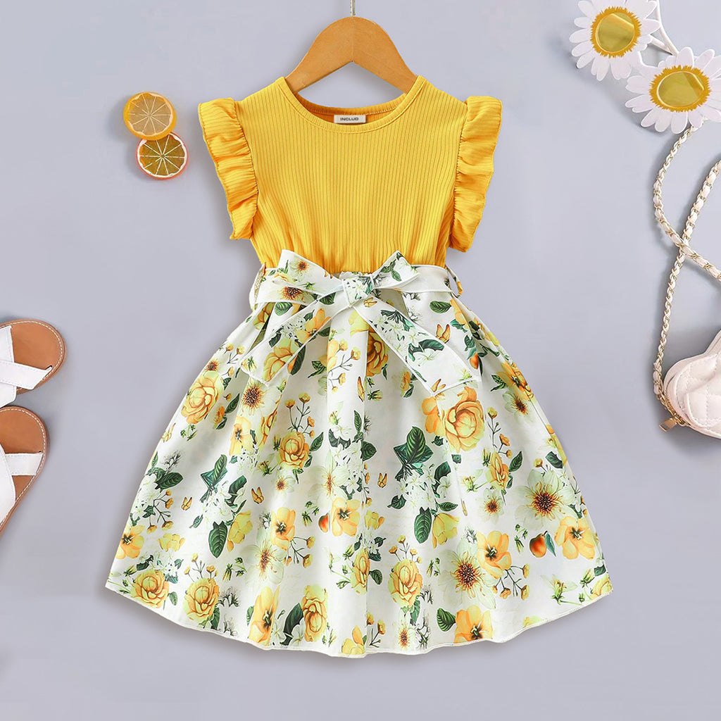 Girls Yellow Floral Print Fit & Flare Dress With Belt Casual Dresses Yellow 3-4 Y