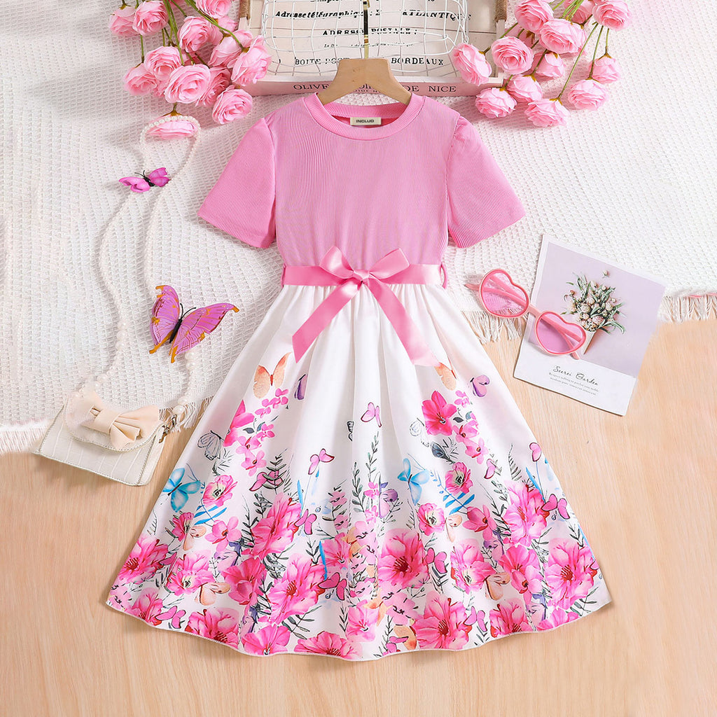 Girls Pink Floral Printed Short Sleeves Fit And Flared Midi Dress Casual Dresses Pink 3-4 Y