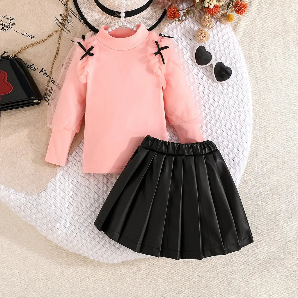 Girls Pink Bow Applique Top With Pleated Skirt Sets Sets Pink 1-2 Y