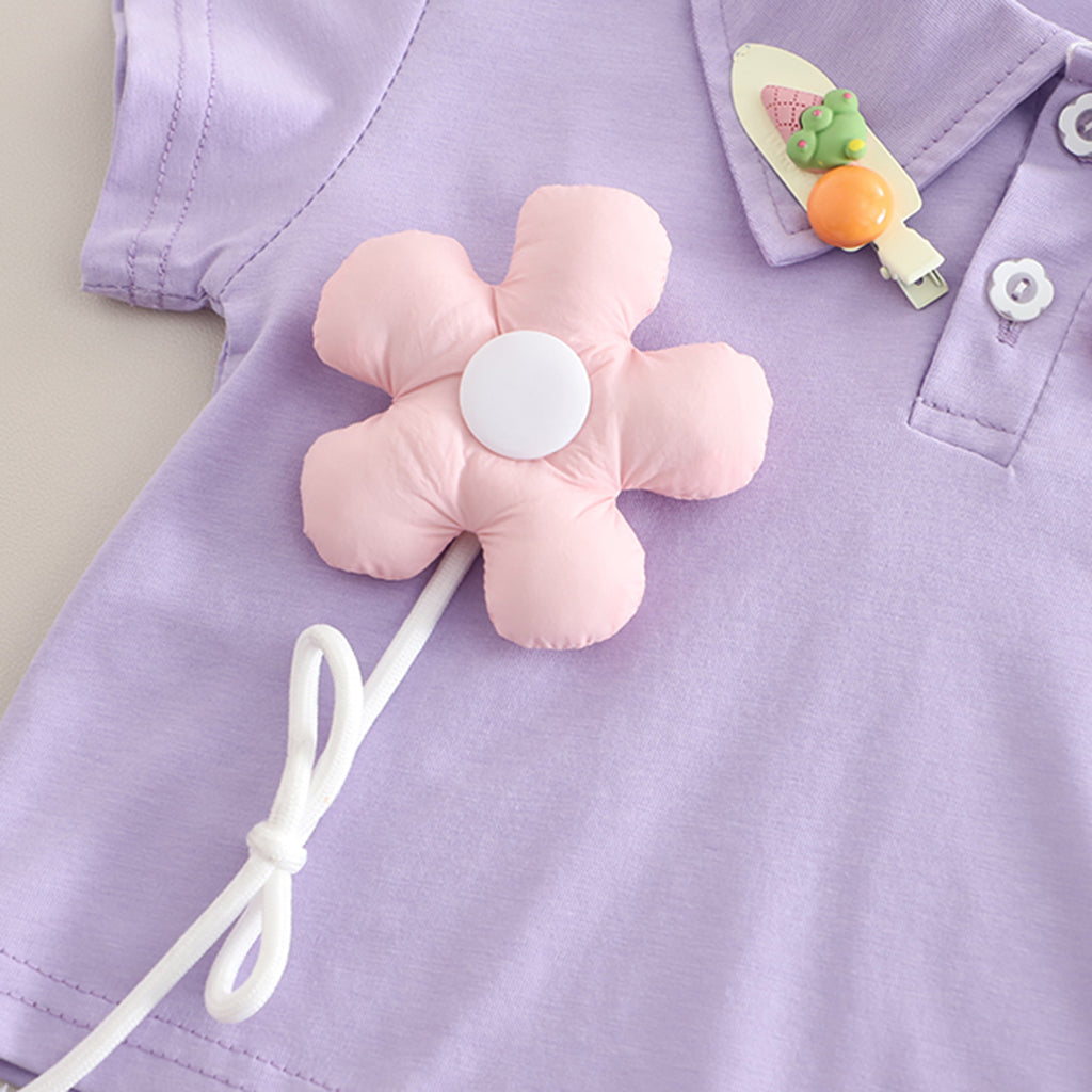 Girls Purple 3D Applique Polo T-shirt With Shorts And Hairclips