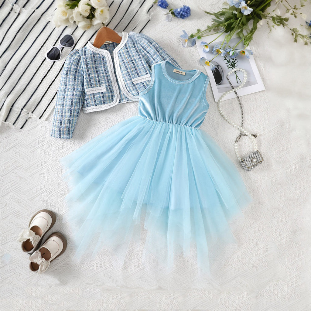 Girls Blue Velventeen Tulle Party Dress with Tweed Coat Party Dresses Blue 3-4 Y