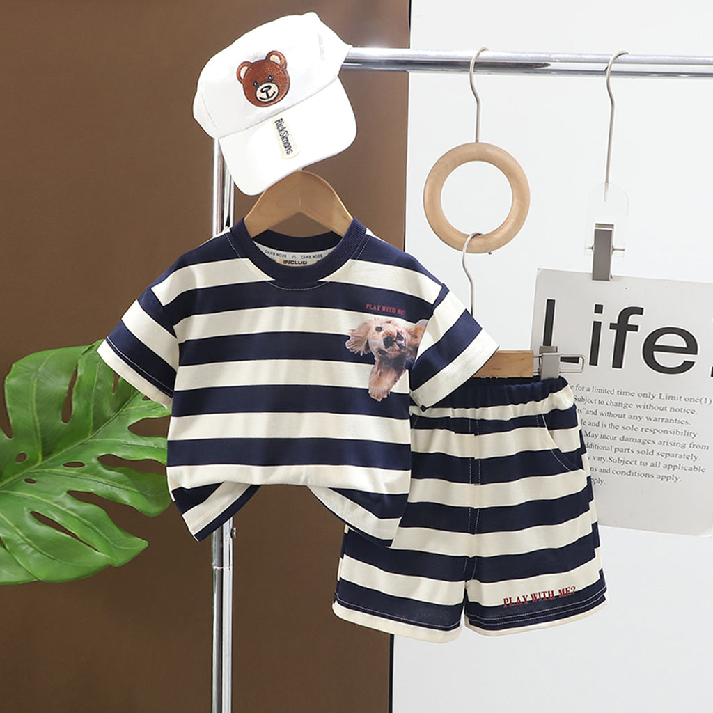 Boys Navy Blue Striped Short Sleeves Round Neck T-shirt With Shorts Set 2 pc. Sets