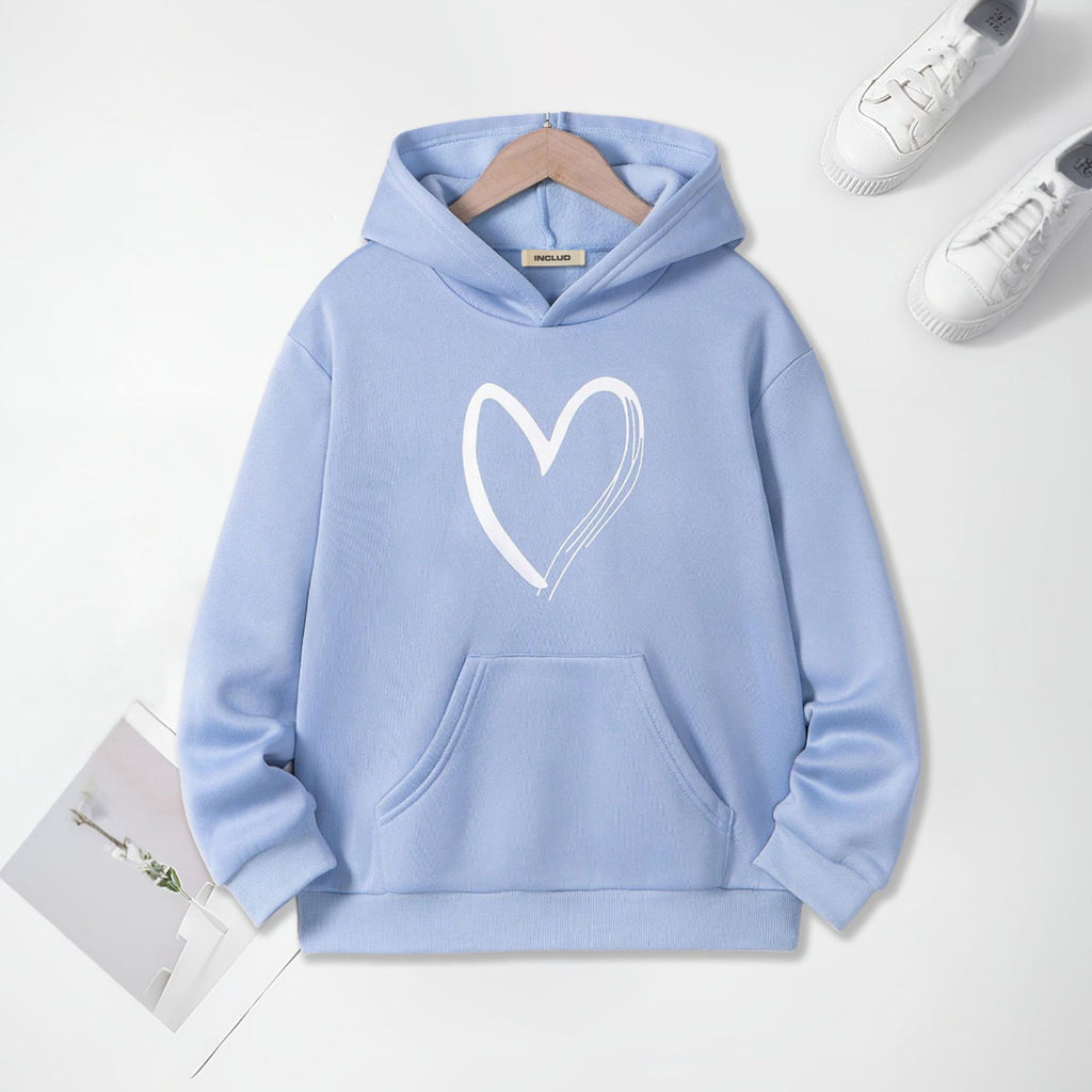 Girls Light Blue Heart Heart Printed Hooded Sweatshirt Sweatshirts & Hoodies Light Blue 7-8 Y