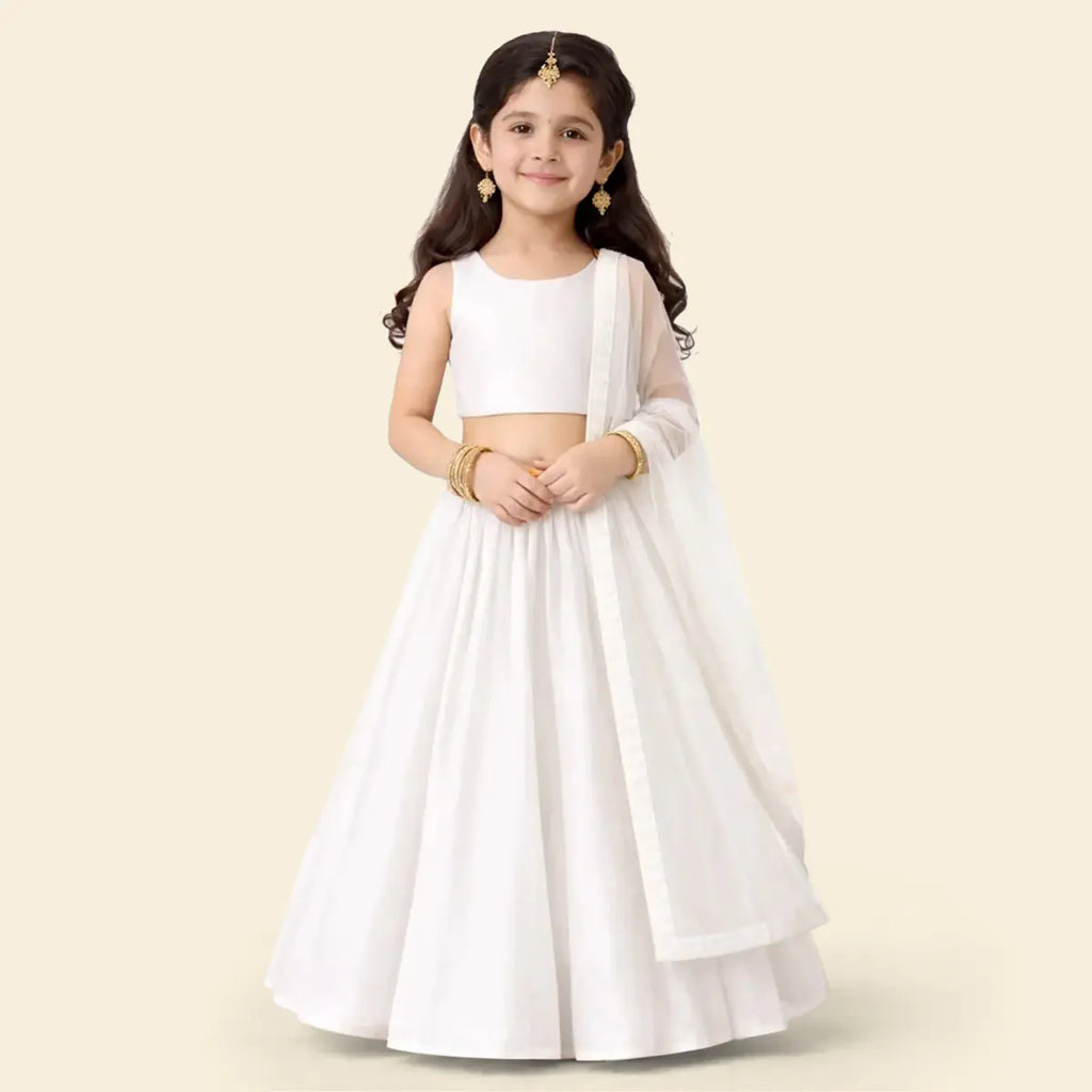Girls White Lehenga Choli Set with Dupatta, Traditional Indian Ethnic Wear Ethnicwear Girls White 1-2 Y
