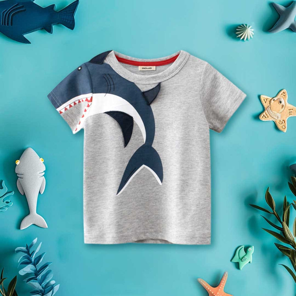 Boys Shark Print Short Sleeves T-Shirt Tshirts Gray 1-2 Y 