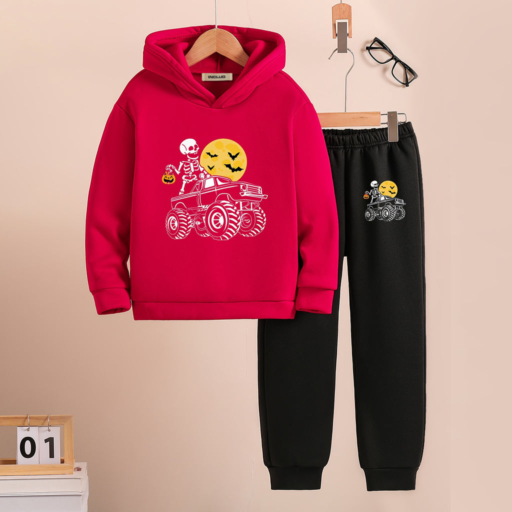 Boys Red Spooky Printed Hooded Sweatshirt with Joggers Set Sets Red 5-6 Y