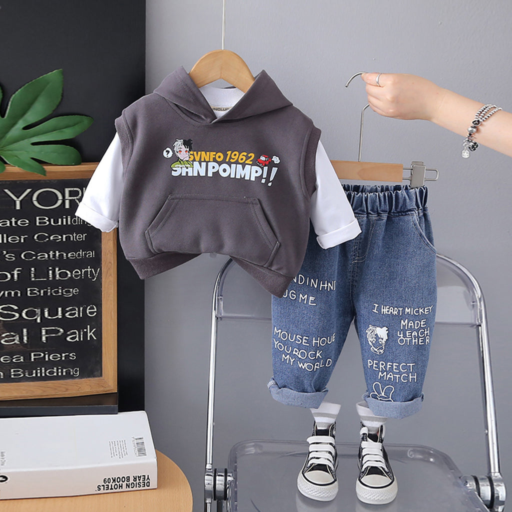 Boys Dark Grey Hooded Sweatshirt with Full Sleeves T-shirt & Jeans Set Sets Dark Grey 1-2 Y