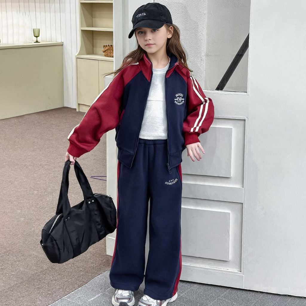 Girls Navy Blue Solid Front Zipper Jacket With Pant Winter Set 2 pc. Sets Navy Blue 5-6 Y