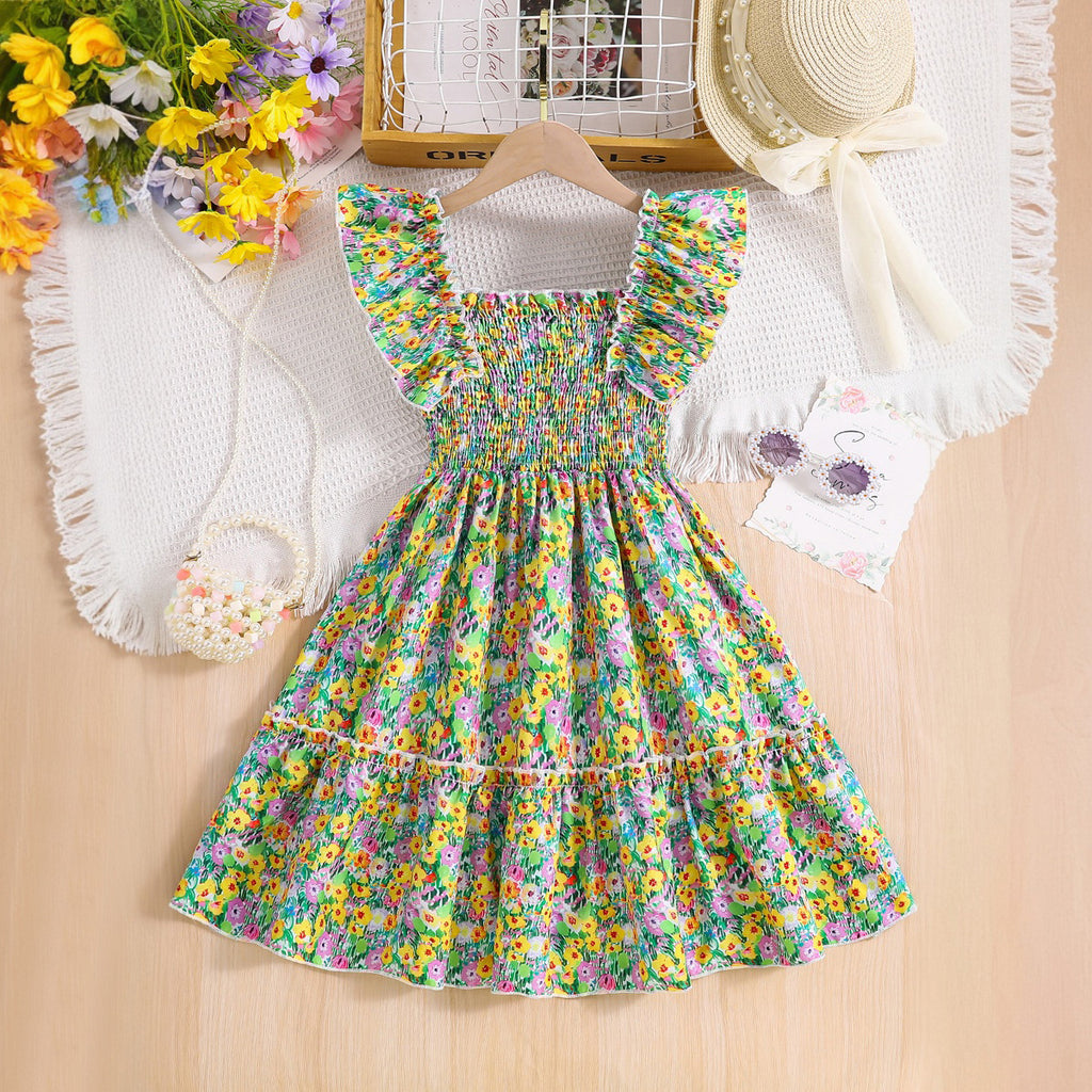 Girls Green Floral Printed Sleeveless Tiered Fit And Flared Dress Casual Dresses Green 3-4 Y