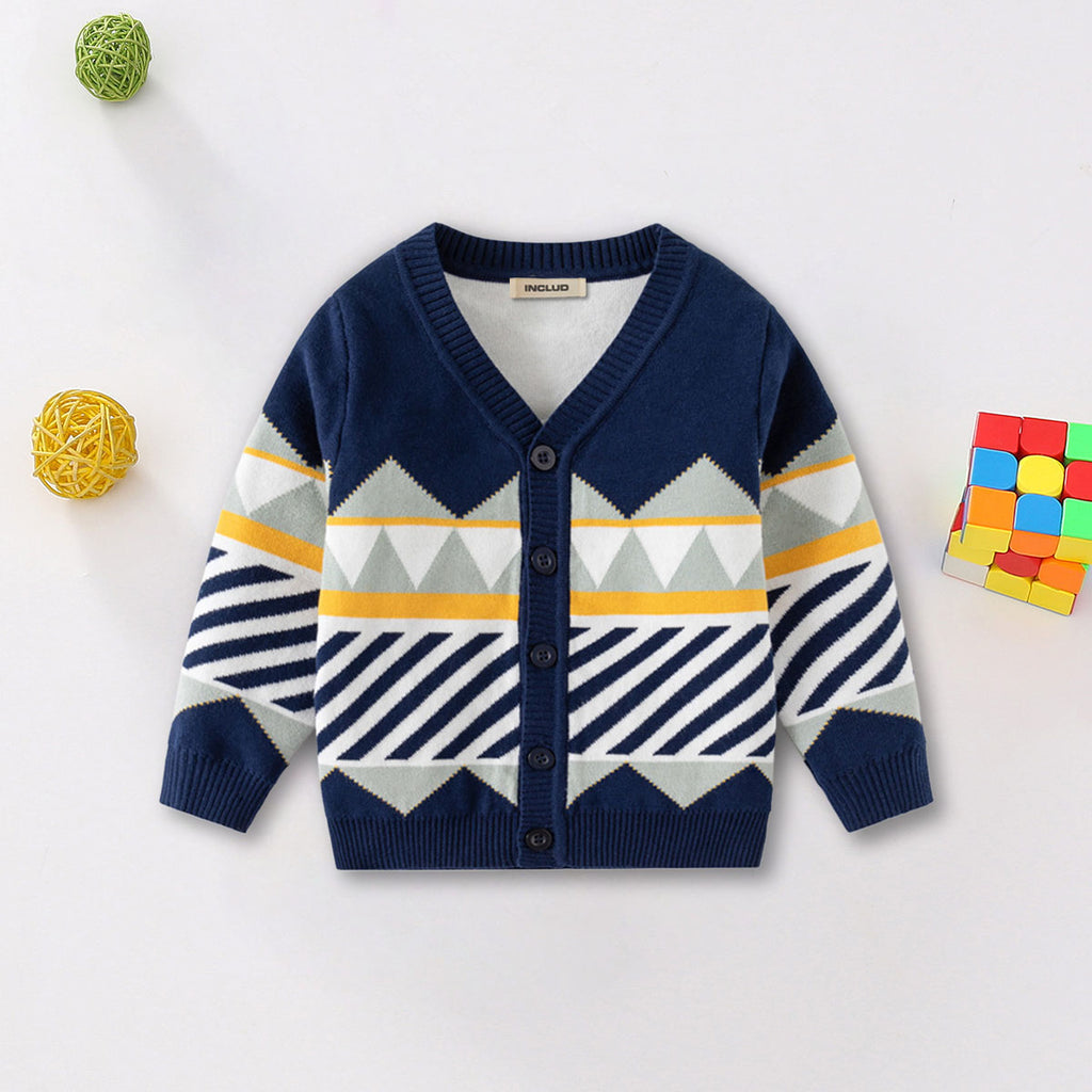 Boys Navy Blue Self-Design Jacquard Cardigan Sweaters & Cardigans Navy Blue 2-3 Y