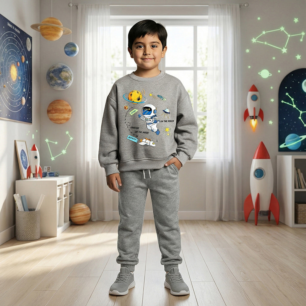 Boys Grey Space Graphics Round Neck Sweatshirt With Joggers Sets 2 pc. Sets Grey 1-2 Y
