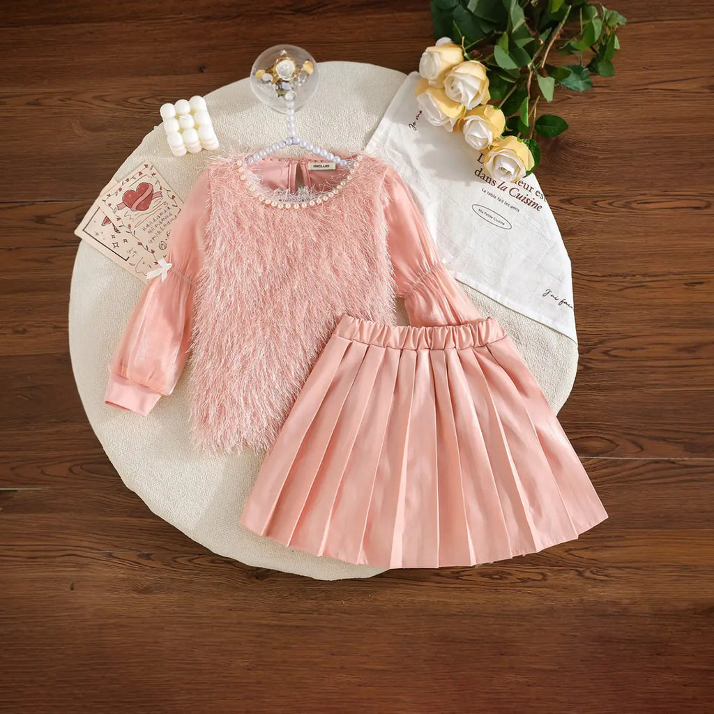 Girls Pink Long Sleeves Top With Pleated Skirt Sets 2 pc. Sets Pink 3-4 Y