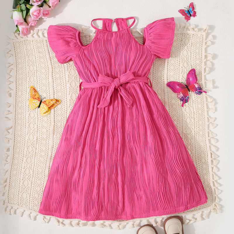 Girls Fuchsia Wave Textured Cold-Shoulder Casual Dress Casual Dresses Fuchsia 7-8 Y